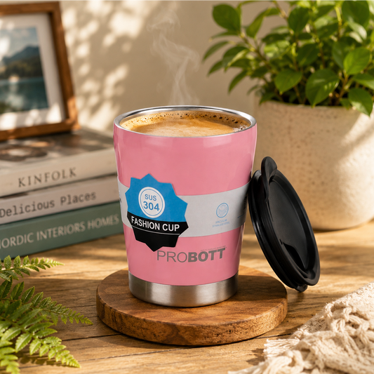 PROBOTT Refresh Stainless Steel Mug/Cup with Lid 380ml, Hot & Cold Vacuum Insulated Stylish Cup Ideal for Hot & Cold Coffee, Tea | Desk Mug – Pink