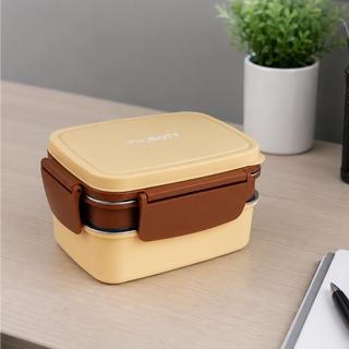PROBOTT Double Decker 1300ml Stainless Steel Lunch Box, 2 Layers with 3 Grid, 1 Spoon Tiffin Box, Lid Made with Heavy Quality PP Material Perfect for School, Office Use | Cream