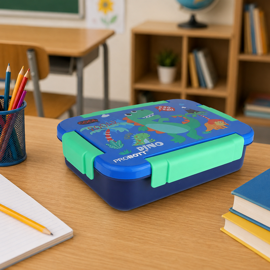 PROBOTT Lunch On 710 ml Stainless Steel Lunch Box, 3 Grid Tiffin Box, Character Lid PP Material Perfect for School, Office, Travel, Picnic | Blue+Dark Blue