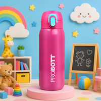Probott Little 390ml Thermoses Vacuum Insulated Flask, Stainless Steel Water Bottle for Kids, Pink | One-Click-Open Leak-Proof Locking Flip Lid