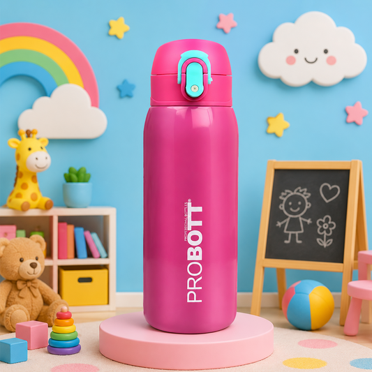 Probott Little 390ml Thermoses Vacuum Insulated Flask, Stainless Steel Water Bottle for Kids, Pink | One-Click-Open Leak-Proof Locking Flip Lid