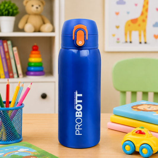 Probott Little 390ml Thermoses Vacuum Insulated Flask, Stainless Steel Water Bottle for Kids, Dark Blue | One-Click-Open Leak-Proof Locking Flip Lid