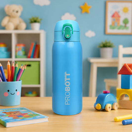 Probott Little 390ml Thermoses Vacuum Insulated Flask, Stainless Steel Water Bottle for Kids, Light Blue | One-Click-Open Leak-Proof Locking Flip Lid