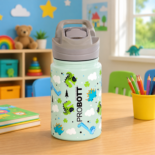 PROBOTT Space 360ml Stainless Steel Double Wall Vacuum Flask for 3-5 Yrs Kids | Hot and Cold Water Bottle with 3D Print, Green | Perfect for Toddlers | Leakproof
