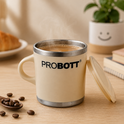 PROBOTT Costa Stainless Steel Mug/Cup with Lid, Stylish Cup Ideal for Hot & Cold Coffee, Tea – Cream