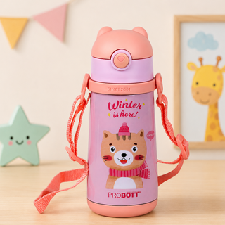 Probott School Champ 370ml Sipper Bottle for Kid with Straw & Strap to Carry, Pink | Stainless Steel Hot & Cold Water Bottle for Kids