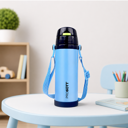 Probott Tom 350ml Hot & Cold Vacuum Insulated Flask Sipper Bottle with Straw & Strap for Kids, Blue