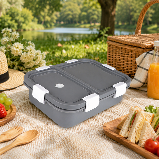 PROBOTT Snaplock 750 ml Stainless Steel Lunch Box, 2 Grid BPA Free Tiffin Box, Perfect for School, Office, Travel, Picnic | Grey