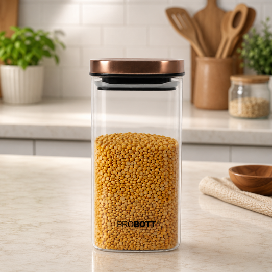 PROBOTT Vetroware 1400ml Glass Square Jar Container with Metal Golden Color Air Tight Cap