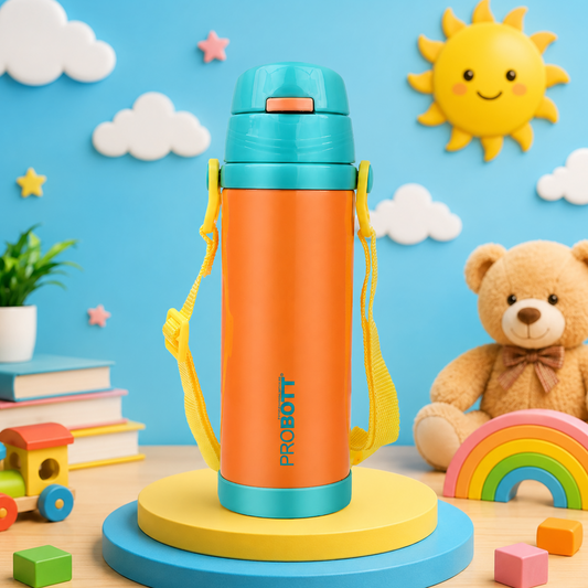Probott Tom 350ml Hot & Cold Vacuum Insulated Flask Sipper Bottle with Straw & Strap for Kids, Orange