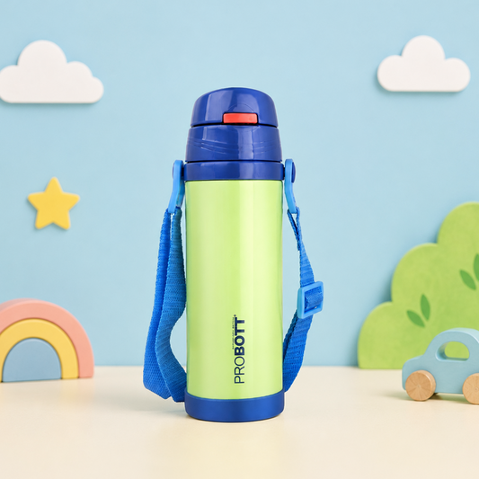 Probott Tom 350ml Hot & Cold Vacuum Insulated Flask Sipper Bottle with Straw & Strap for Kids, Green