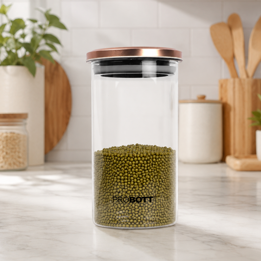 PROBOTT Vetroware 1100ml Glass Round Jar Container with Metal Golden Color Air Tight Cap