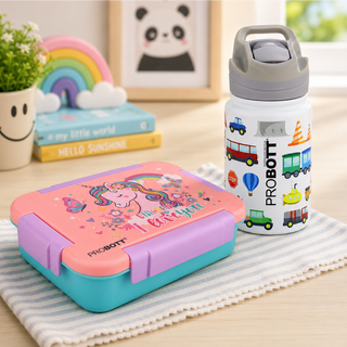 Probott Space 360ml Kids Hot & Cold Bottle with Lunch On 710ml 3-Grid Tiffin Box (combo for kids)