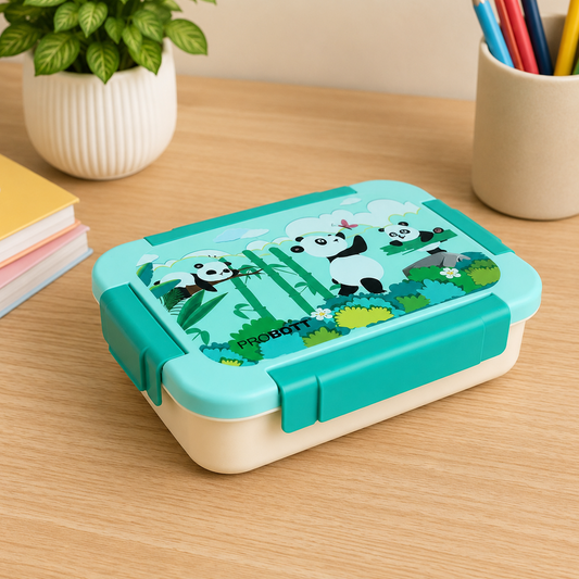PROBOTT Lunch On 710ml Stainless Steel Lunch Box, 3 Grid Tiffin Box, Character Lid Made with Heavy Quality PP Material Perfect for School, Office Use | Aqua Blue+Cream