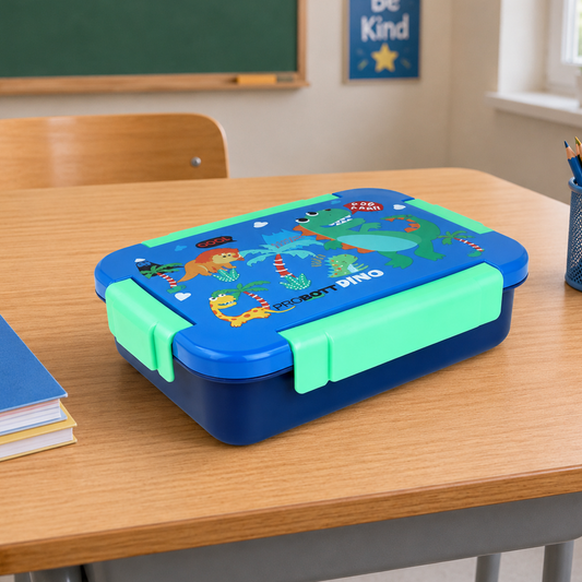 PROBOTT Lunch On 710ml Stainless Steel Lunch Box, 3 Grid Tiffin Box, Character Lid Made with Heavy Quality PP Material Perfect for School, Office Use | Blue+Dark Blue