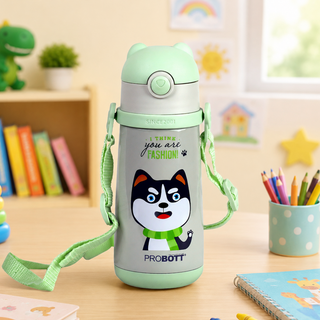 Probott School Champ 370ml Sipper Bottle for Kid with Straw & Strap to Carry, Green | Stainless Steel Hot & Cold Water Bottle for Kids
