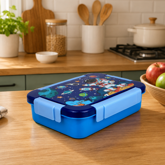 PROBOTT Lunch On 710ml Stainless Steel Lunch Box, 3 Grid Tiffin Box, Character Lid Made with Heavy Quality PP Material Perfect for School, Office Use | Dark Blue+Sky Blue