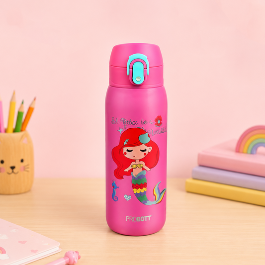Probott Champ 230ml Thermoses Vacuum Insulated Flask, Stainless Steel Water Bottle for Kids, Pink | One-Click-Open Leak-Proof Locking Flip Lid