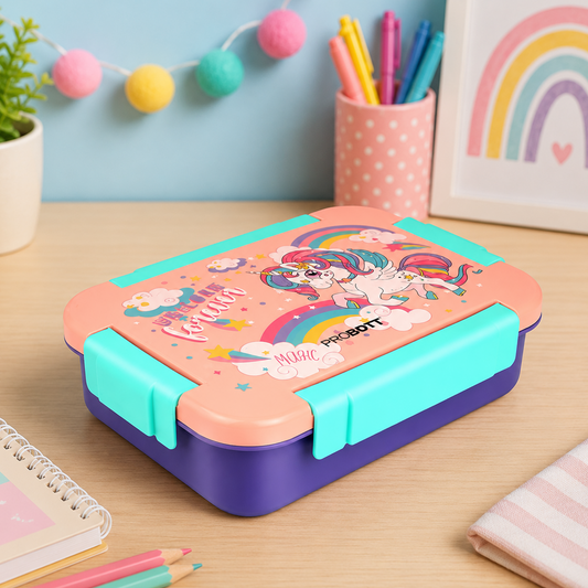 PROBOTT Lunch On 710ml Stainless Steel Lunch Box, 3 Grid Tiffin Box, Character Lid Made with Heavy Quality PP Material Perfect for School, Office Use | Orange + Purple