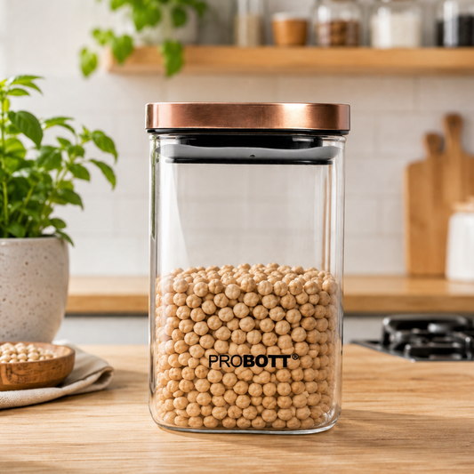 PROBOTT Vetroware 1100ml Glass Square Jar Container with Metal Golden Color Air Tight Cap