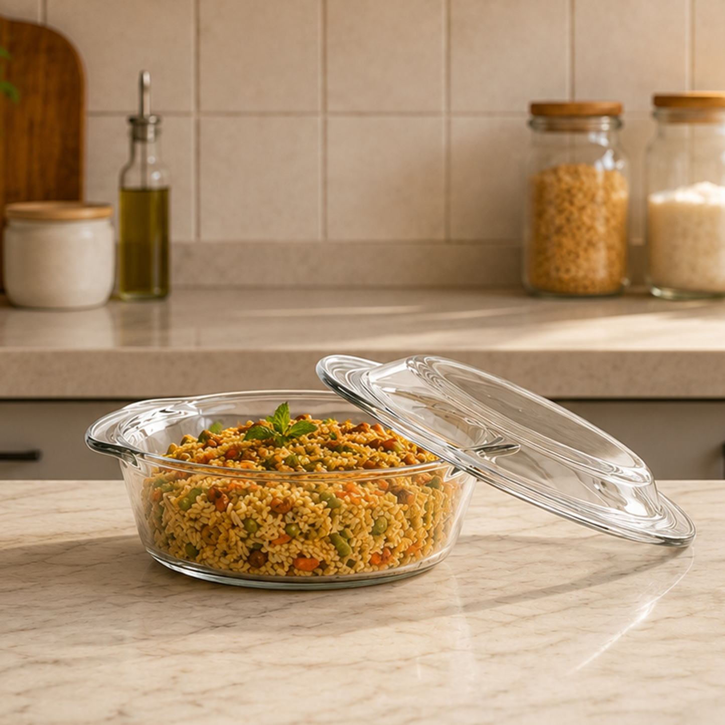 PROBOTT Vetroware Borosilicate Glass Casserole for Roti Chapati Rice, Curry Serve Deep Round Oven And Microwave Safe Serving Bowl With Glass Lid PV Classic Casserole_2Ltr