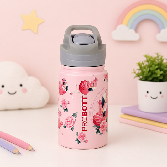 PROBOTT Space 360ml Stainless Steel Double Wall Vacuum Flask for 3-5 Yrs Kids | Hot and Cold Water Bottle with 3D Print, Pink | Perfect for Toddlers | Leakproof