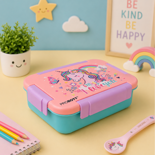 PROBOTT Lunch On 710 ml Stainless Steel Lunch Box, 3 Grid Tiffin Box, Character Lid PP Material Perfect for School, Office, Travel, Picnic | Orange+Sky Blue