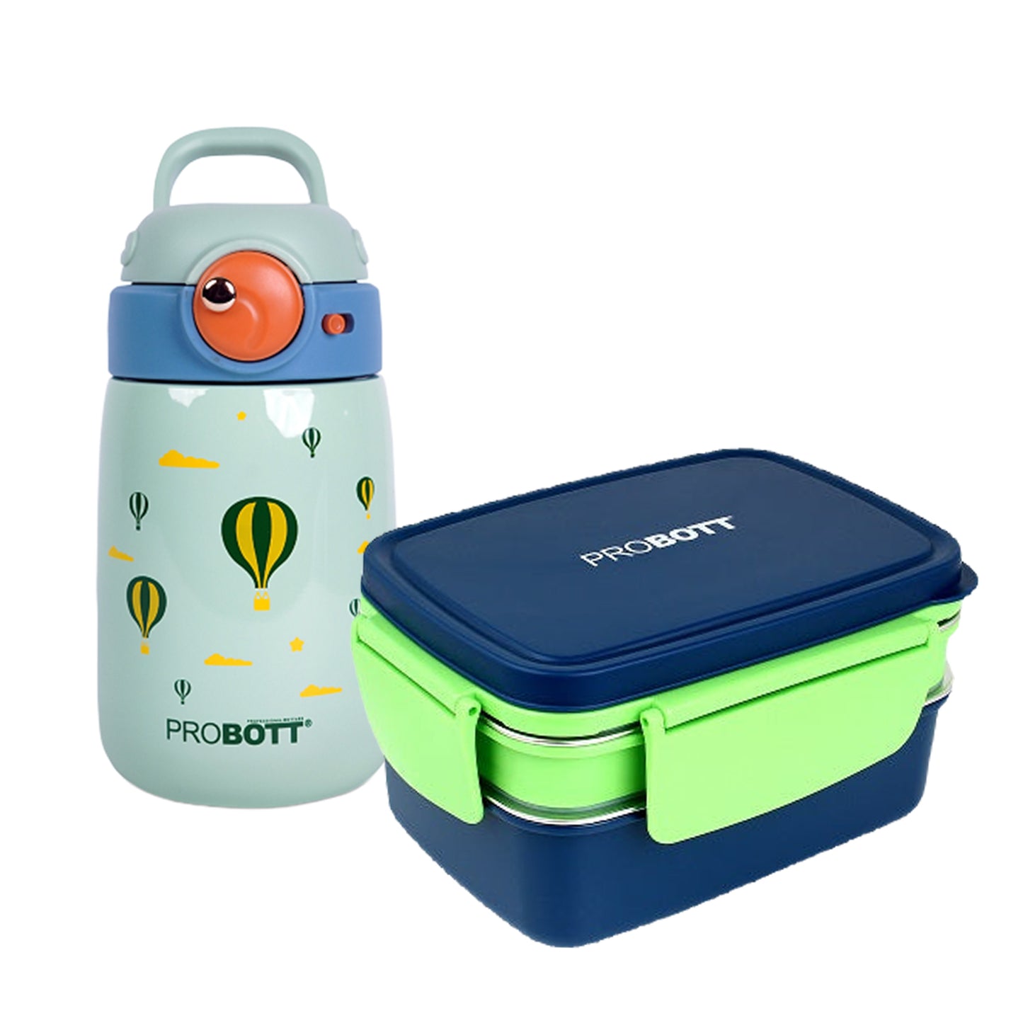 Probott LunchMate 1300ml Double Decker Tiffin Box with 360ml Cool Kid Hot & Cold Sipper Bottle (Blue & Light Green, Combo Pack)