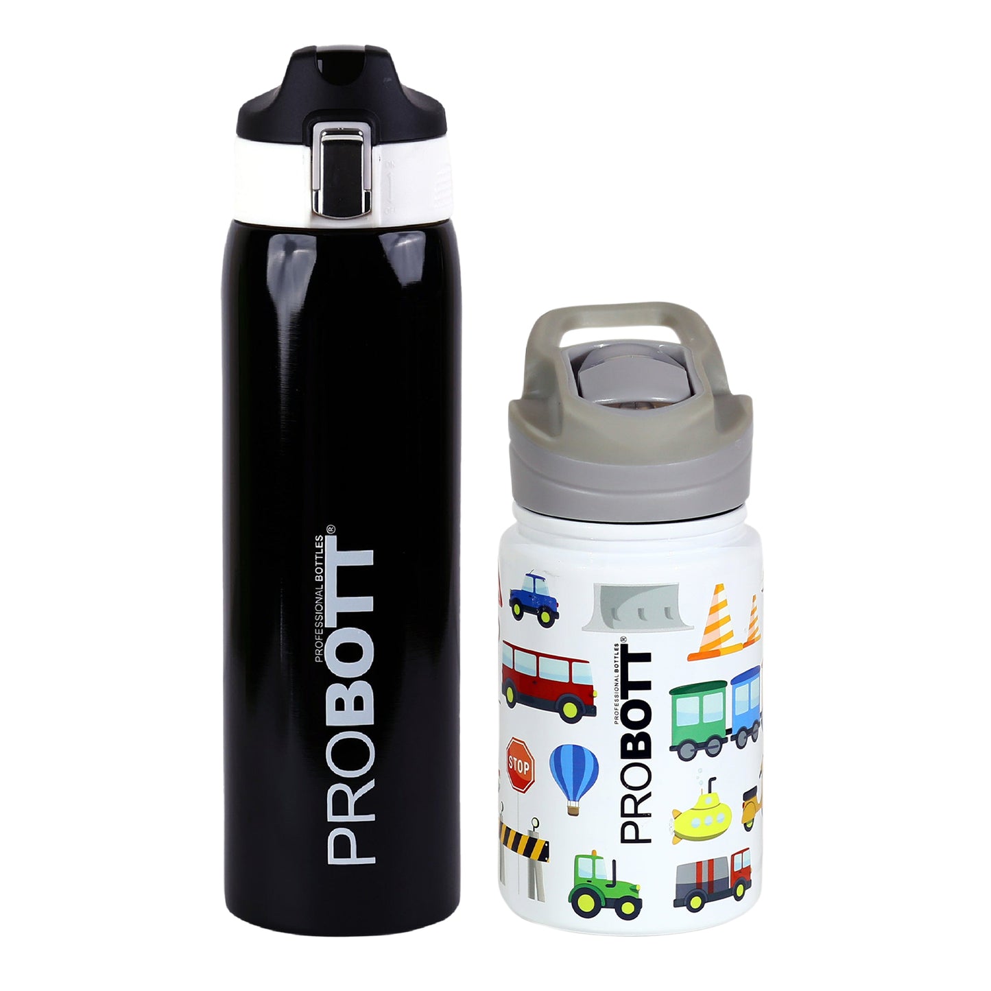Probott Icon 1000ml Stainless Steel Hot & Cold Water Bottle with Probott Space 360ml Kids Vacuum Flask with 3D Print (Black & White, Combo Pack)