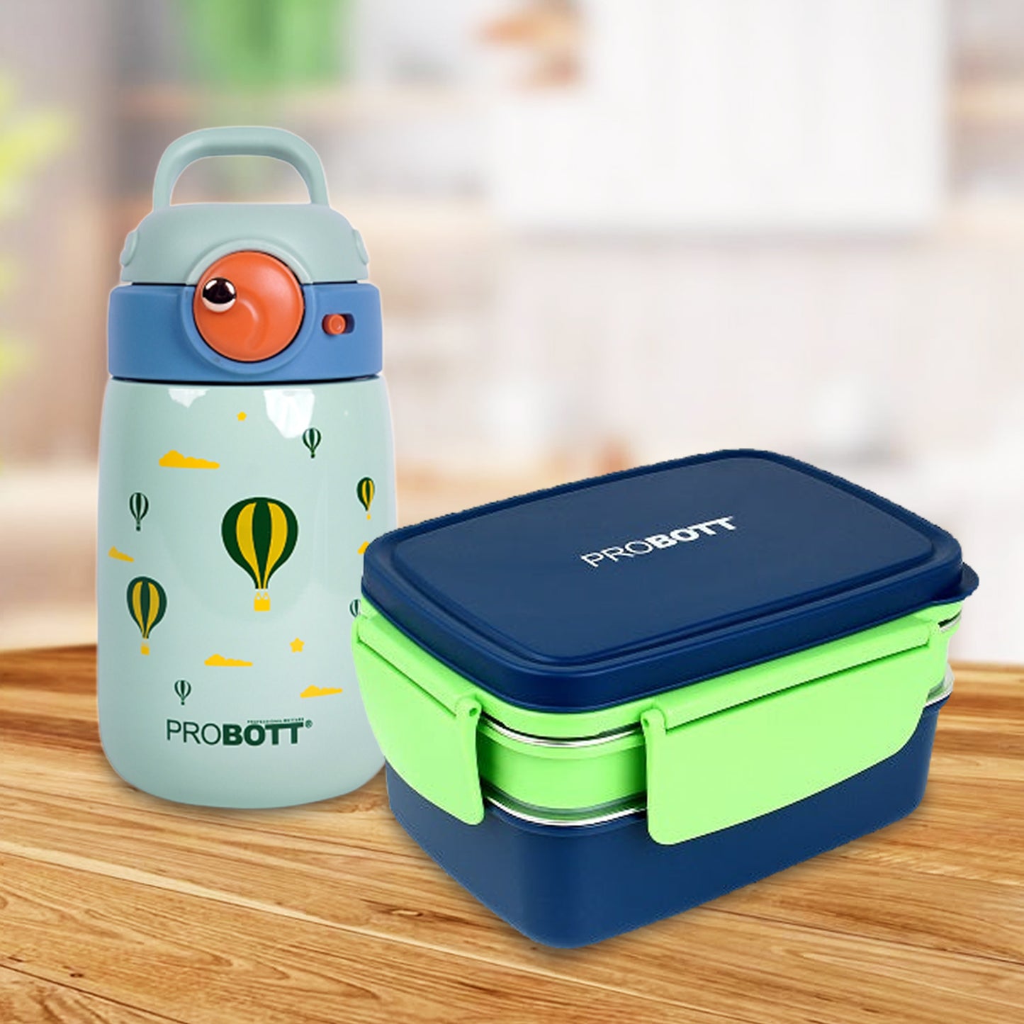 Probott LunchMate 1300ml Double Decker Tiffin Box with 360ml Cool Kid Hot & Cold Sipper Bottle (Blue & Light Green, Combo Pack)