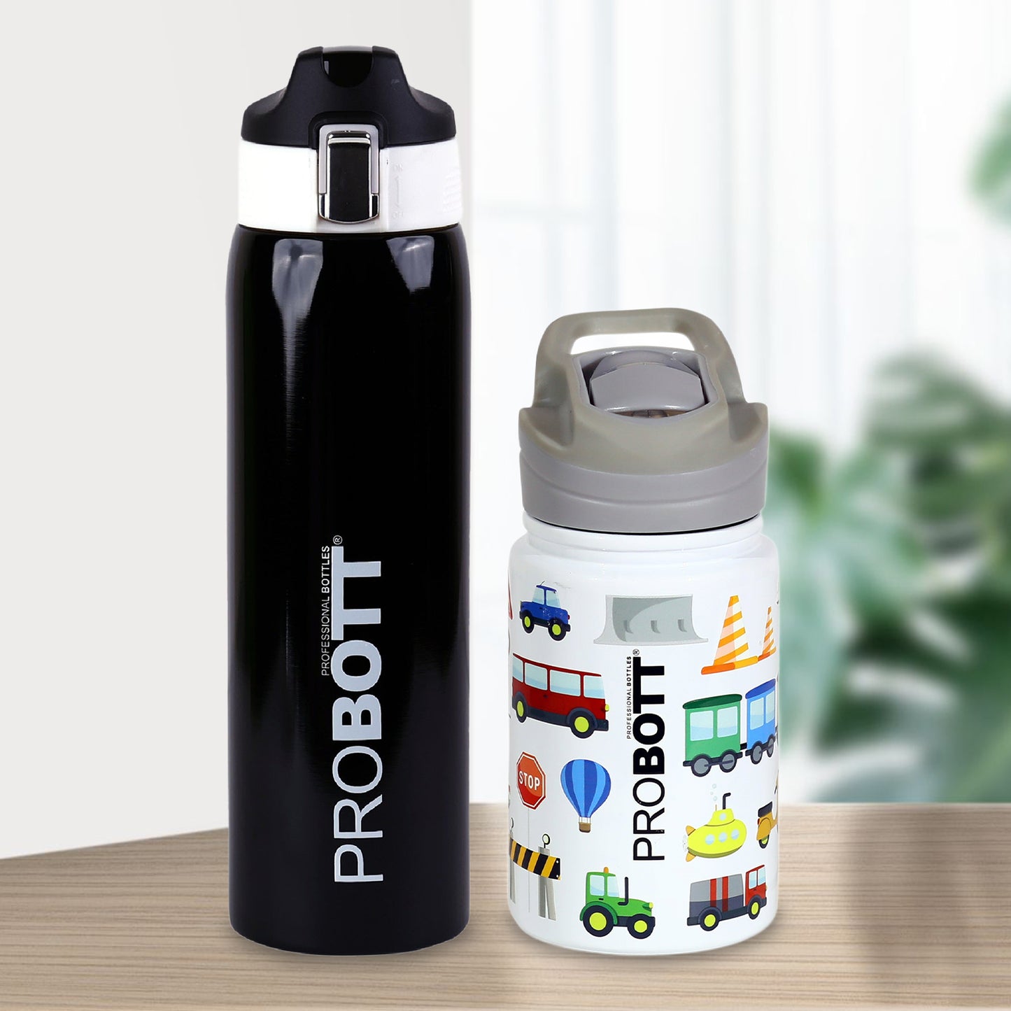 Probott Icon 1000ml Stainless Steel Hot & Cold Water Bottle with Probott Space 360ml Kids Vacuum Flask with 3D Print (Black & White, Combo Pack)