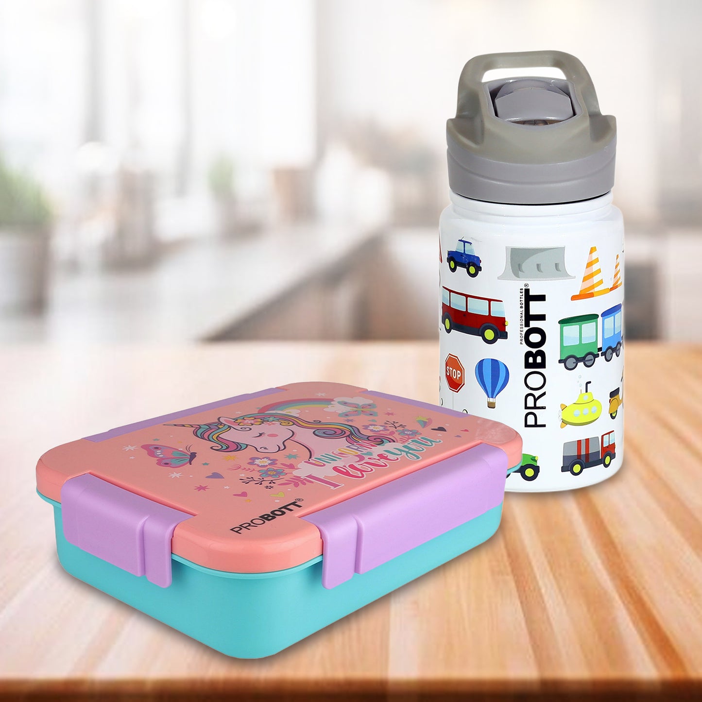 Probott Space 360ml Kids Hot & Cold Bottle with Lunch On 710ml 3-Grid Tiffin Box (combo for kids)